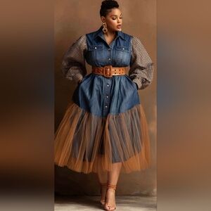 Chic Denim and Tulle A-Line Dress with Brown Belt